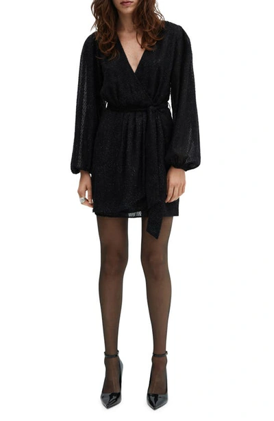 Mango Belted Metallic Fuzzy Long Sleeve Minidress In Black