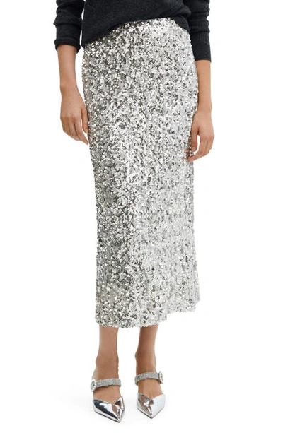 Mango Sequin Midi Skirt In Silver