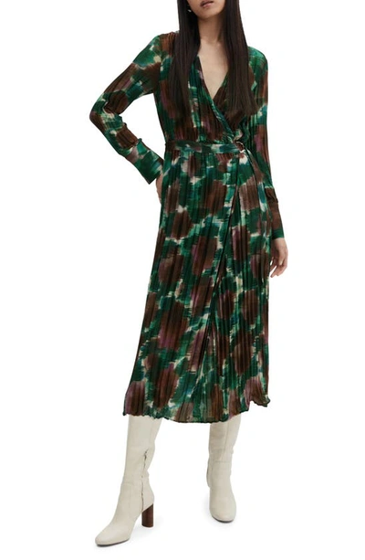 Mango Abstract Print Pleated Belted Long Sleeve Midi Wrap Dress In Green