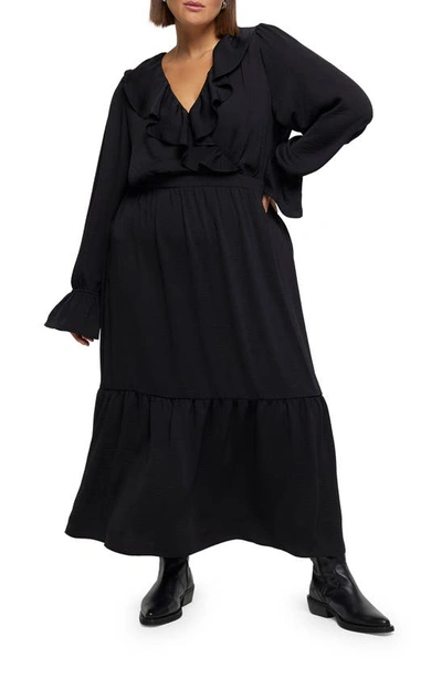 River Island Frill Long Sleeve Maxi Dress In Black