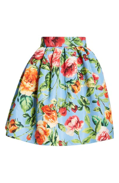 Carolina Herrera Rose Print Faille Skirt In Lake Blue Multi