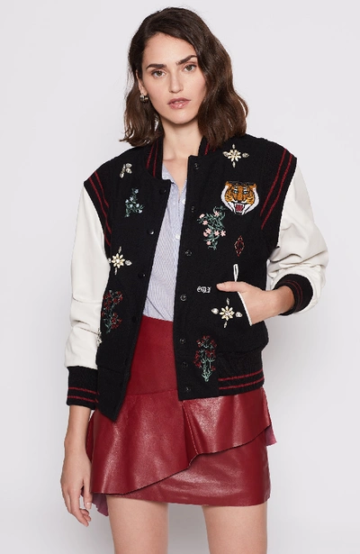 Joie Asuna Leather-sleeve Embellished Bomber Jacket In Caviar