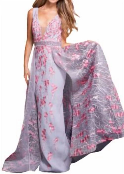 Jovani Embroidered Floral Gown In Grey/pink In Multi