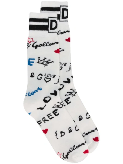 Dolce & Gabbana Logo Graffiti Embroidered Socks In White