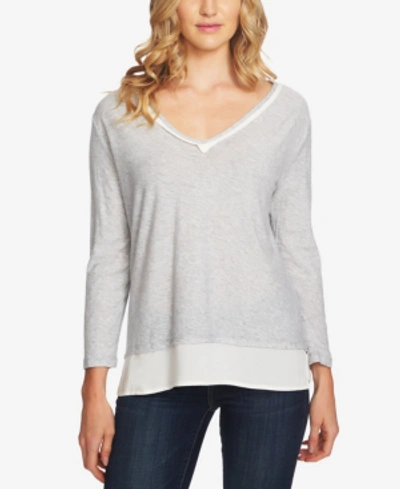 Vince Camuto V-neck Mixed Media Top In Grey Heather