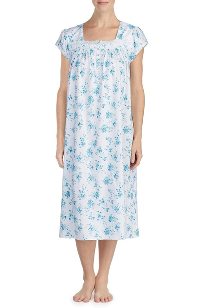 Eileen West Cotton Ballet Nightgown In White Ground With Teal Floral