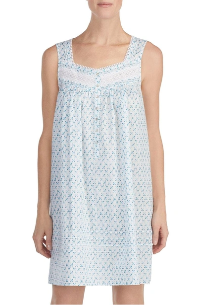 Eileen West Cotton Lawn Short Nightgown In White Grnd Atmn Teal Geo