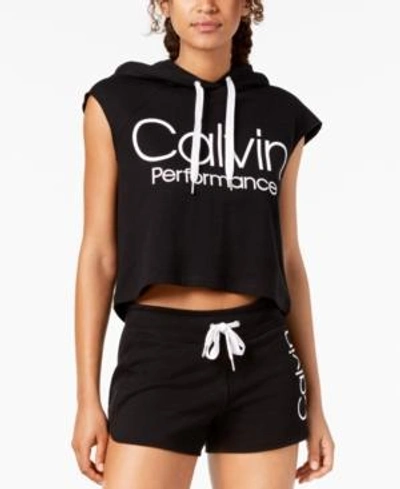 Calvin Klein Performance Logo Sleeveless Cropped Hoodie In Black