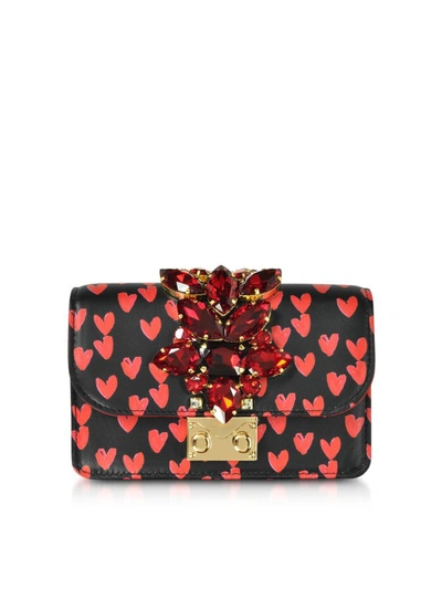 Gedebe Mini Cliky Nappa Printed Red Hearts Clutch W/chain Strap In Black