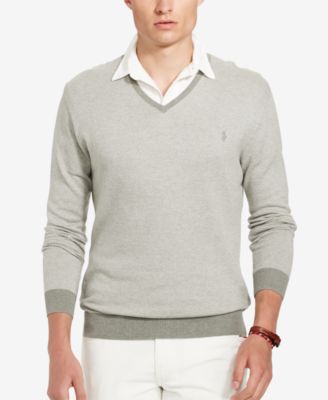 Polo Ralph Lauren Men's V Neck Pima Herringbone Sweater In Grey | ModeSens