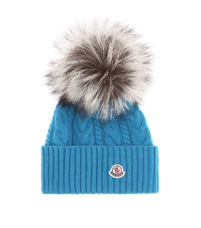 Moncler Fur-trimmed Wool-blend Beanie In Blue