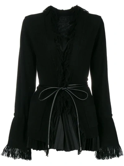 Sacai Belted Fringed Cardigan In Black