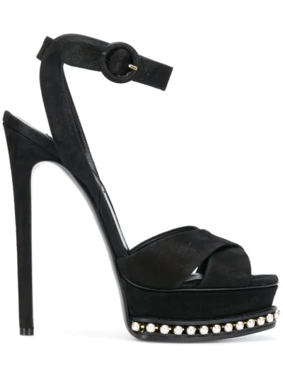 Casadei Black Suede Leather Embellished Platform Sandals. In Nero