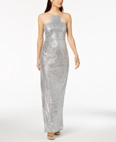 Adrianna Papell Sequin Cutaway Gown In Silver