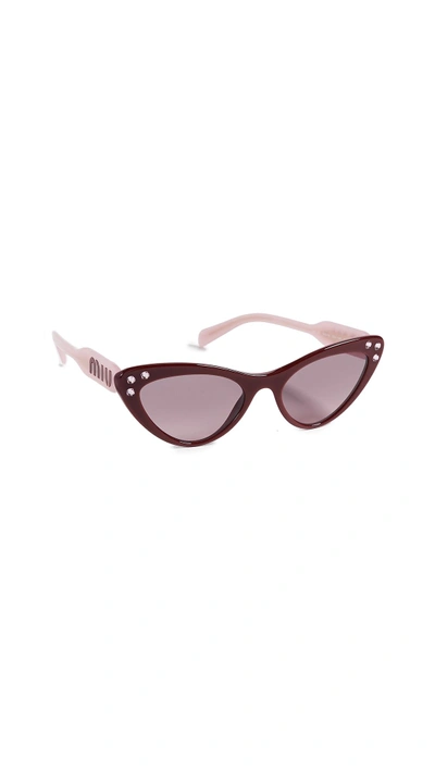 Miu Miu Crystals Cat Eye Sunglasses In Amaranth/pink Gradient Grey