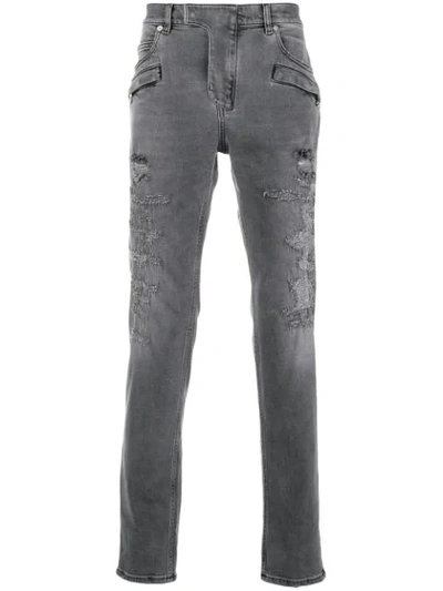 Balmain Distressed 7 Pocket Skinny Jeans In Grey