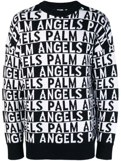 Palm Angels Logo-intarsia Wool Jumper In Black White