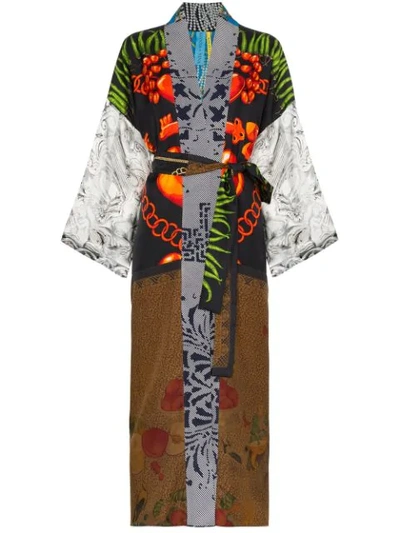 Rianna + Nina Multi Bead Clock Print Silk Kimono Robe - Multicolor