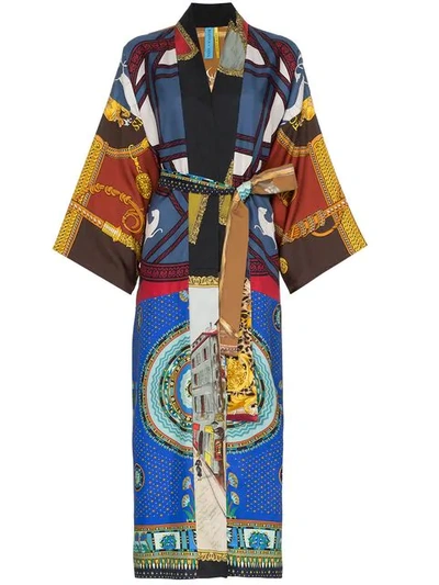 Rianna + Nina Multicoloured Mixed Horse Print Silk Kimono Robe - Blue