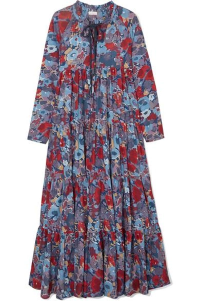 Eywasouls Malibu Cora Tiered Floral-print Cotton-voile Maxi Dress In Blue
