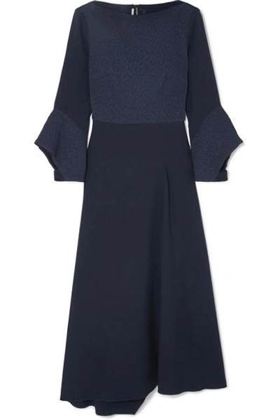 Roland Mouret Hemming Cloqué And Crepe Midi Dress In Navy