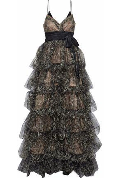 Cinq À Sept Woman Silk Satin-paneled Tiered Embroidered Tulle Gown Black
