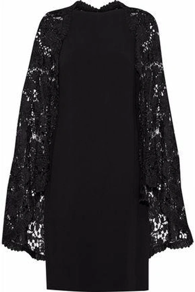 Reem Acra Cape-effect Guipure Lace-paneled Crepe Dress In Black