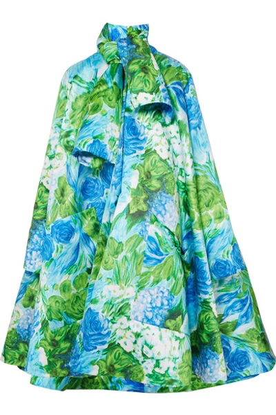 Richard Quinn Oversized Floral-print Duchesse-satin Coat In Azure