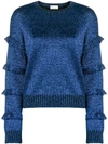 Red Valentino Crewneck Ruffle Trim Long-sleeve Metallic Knit Sweater In Blue