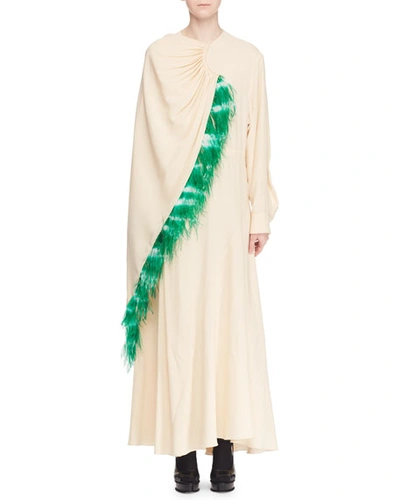 Dries Van Noten Long-sleeve Drawstring Feather Long Dress In Cream