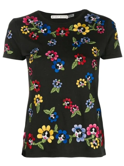 Alice And Olivia Alice+olivia Embroidered Floral T-shirt - Black In Black Multi