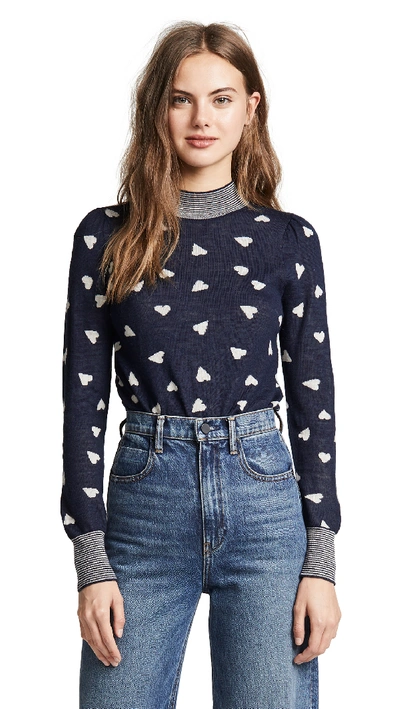 Rebecca Taylor Mock-neck Heart-jacquard Pullover Sweater W/ Striped Neck & Cuffs, Navy In Navy Combo
