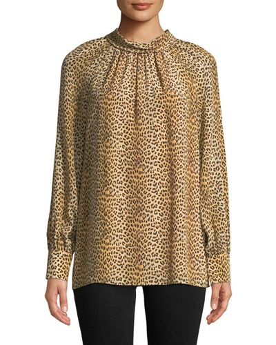 Ramy Brook Leopard-print Tie-neck Silk Long-sleeve Top