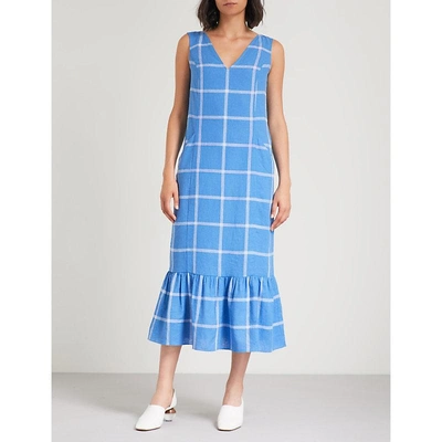 Kitri Caroline Checked Linen-blend Midi Dress In Blue Check
