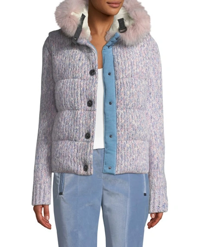 Moncler Tweed Cable-knit Puffer Coat W/ Fur-trim Hood In Pink/blue