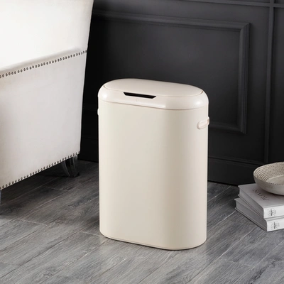 Happimess Robo Kitchen 13.2-gallon Slim Oval Motion Sensor Touchless Trash Can With Touch Mode, Cotton White In Beige