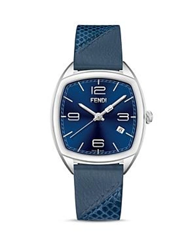 Fendi Momento Leather Strap Watch, 39mm In Blue/ Silver