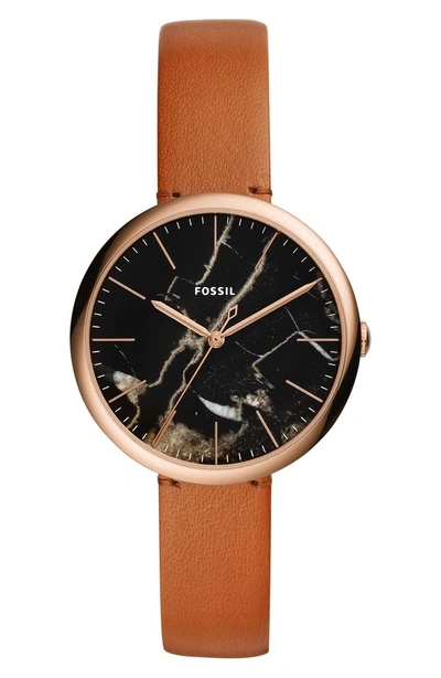 Fossil Annette Leather Strap Watch, 36mm In Brown/ Black/ Rose Gold