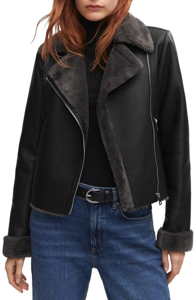 Mango Faux Leather & Faux Fur Moto Jacket In Black