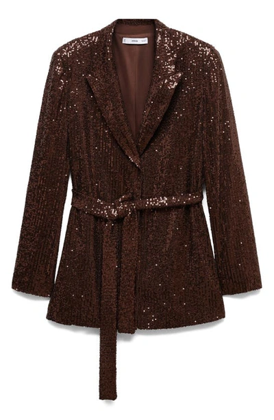 Mango Belted Sequin Blazer In Cognac