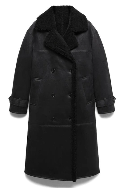 Mango Double Breasted Faux Shearling Coat In Black
