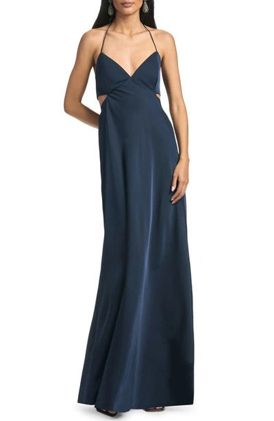 Sachin & Babi Alexandra Back Cutout Matte Satin Charmeuse Gown In Blue