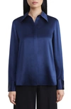 Lafayette 148 French Cuff Silk Button-up Blouse In Midnight Blue