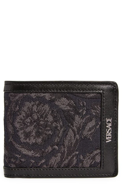 Versace Floral Jacquard & Leather Bifold Wallet In Black Black Ruthenium