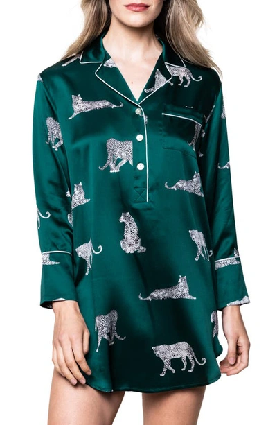 Petite Plume Trouserher Print Piped Mulberry Silk Nightshirt In Green