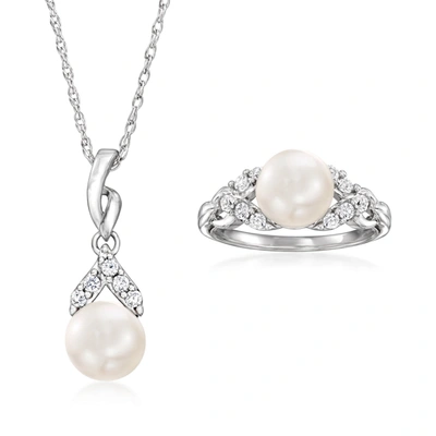 Ross-simons 8-8.5mm Cultured Pearl And . White Topaz Jewelry Set: Pendant Necklace And Ring In Sterling Silver