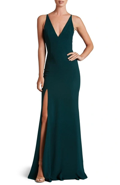 Dress The Population Iris Slit Crepe Gown In Pine
