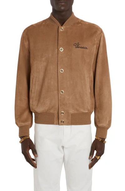 Versace Medusa Embroidered Suede Bomber Jacket In Camel