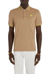 Versace Tipped Embroidered Medusa Cotton Piqué Polo In Neutrals