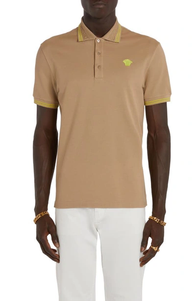Versace Tipped Embroidered Medusa Cotton Piqué Polo In Neutrals